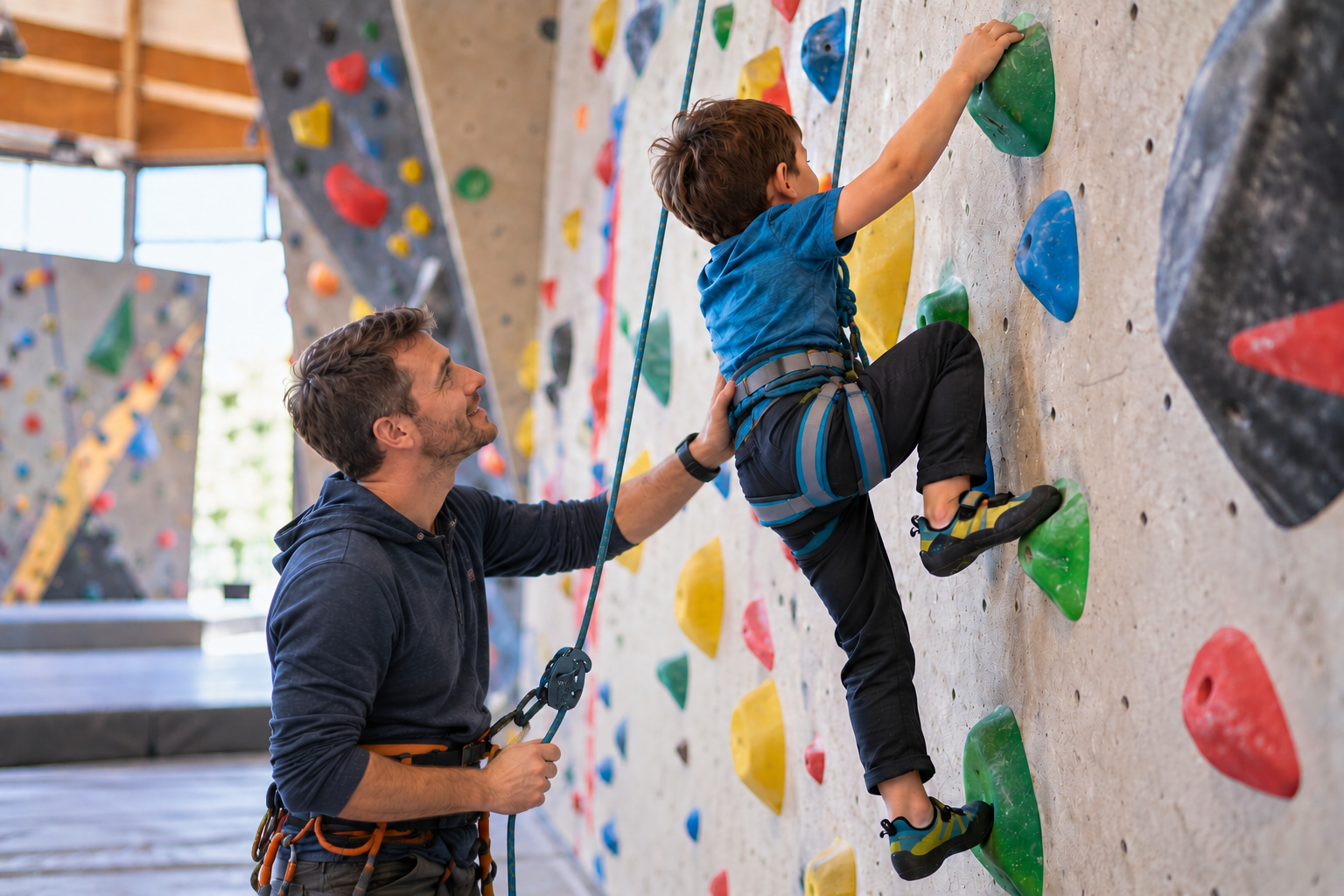 Enfant grimpant sur un mur d'escalade